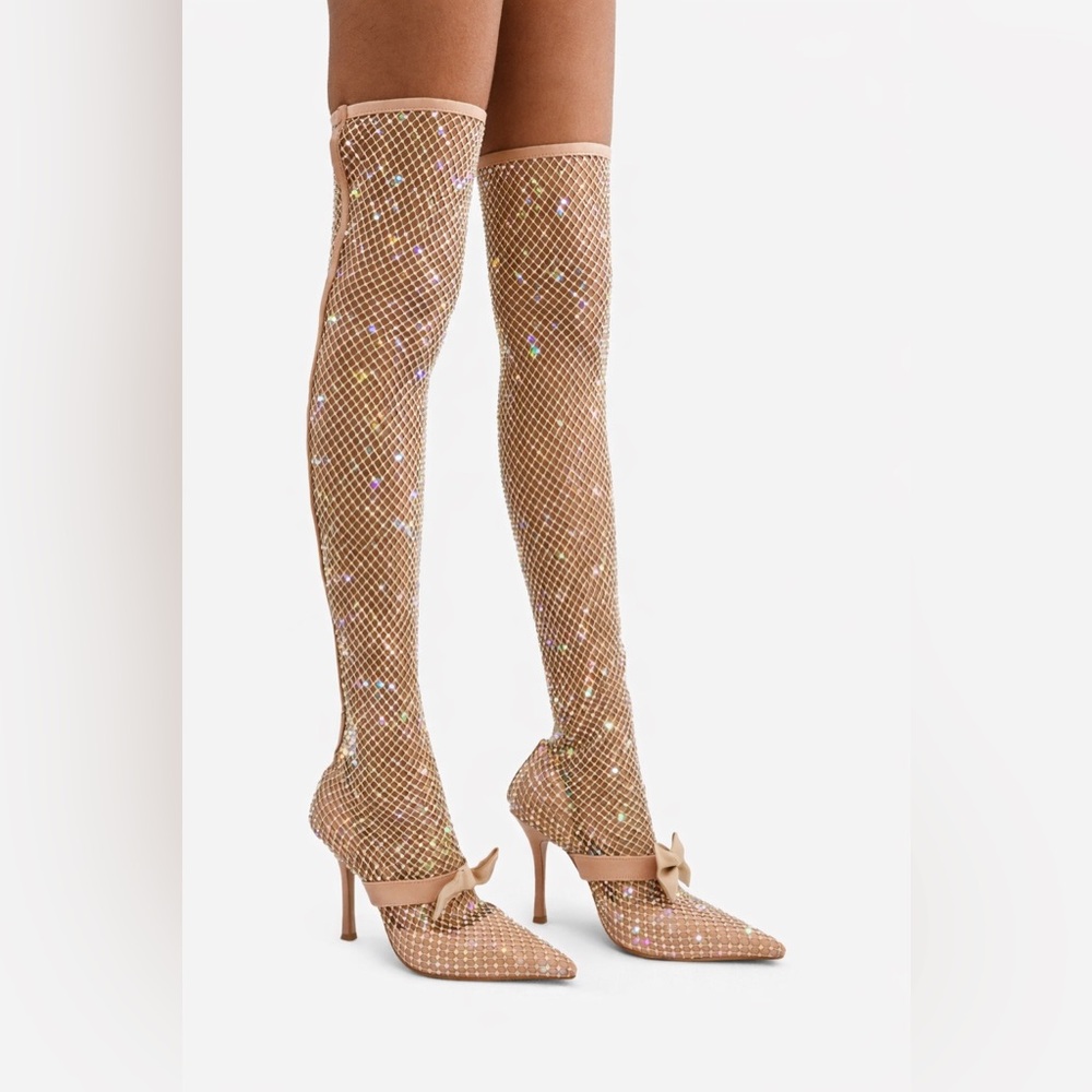 Rhinestone Fishnet Mesh Sock Thigh-High Stiletto Heels with Bow